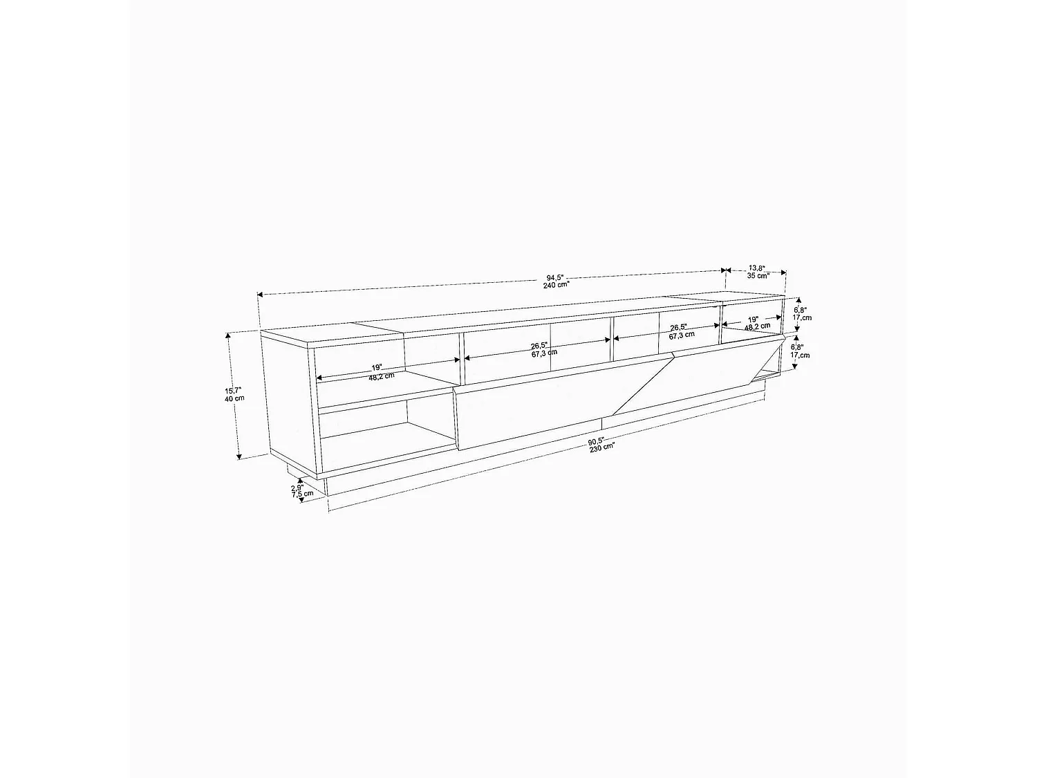 Armário de TV Dpazienz, Aparador de sala, Armário de TV baixo, Base parEte equipado, 240x37h47 cm, Antracite