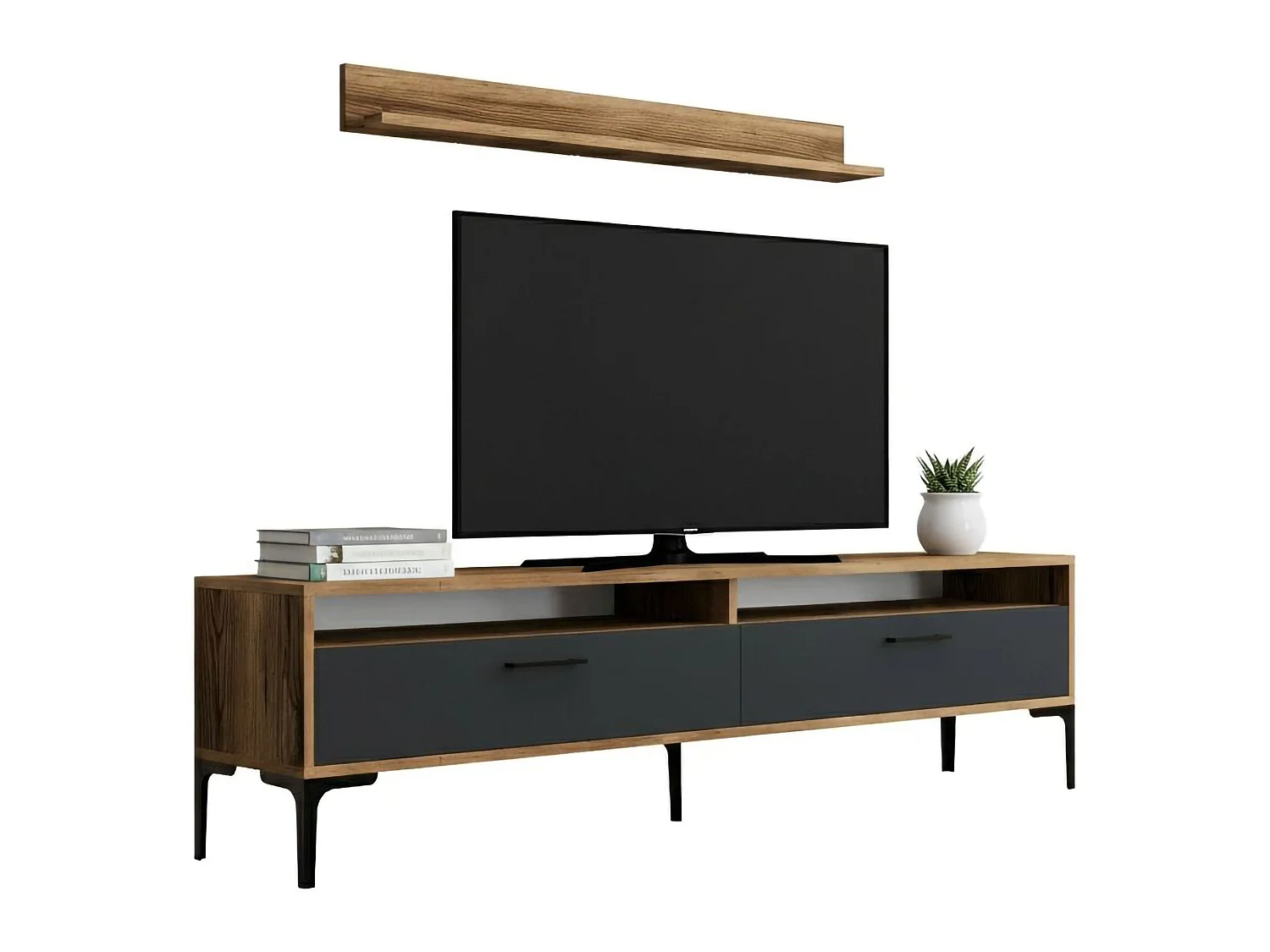 Dkatseri gemonteerde wand, Woonkamersamenstelling, Multifunctionele zitkast, TV kast, 180x35h47 cm, Walnoot en Antraciet