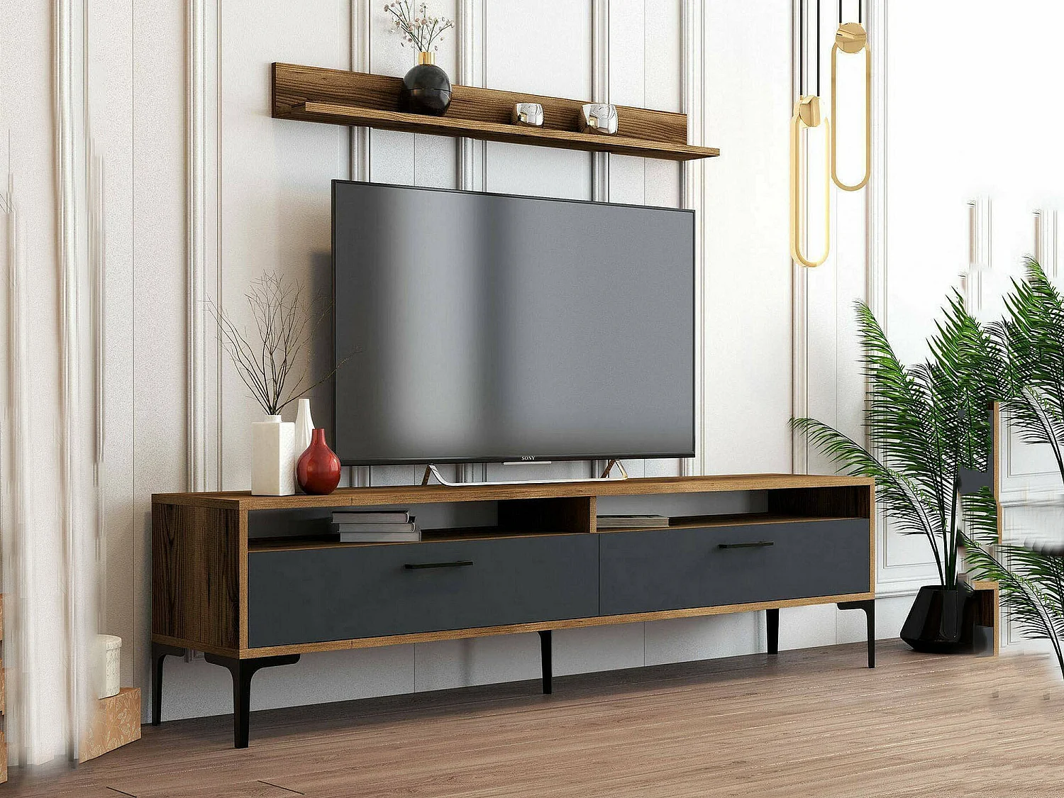 Dkatseri gemonteerde wand, Woonkamersamenstelling, Multifunctionele zitkast, TV kast, 180x35h47 cm, Walnoot en Antraciet