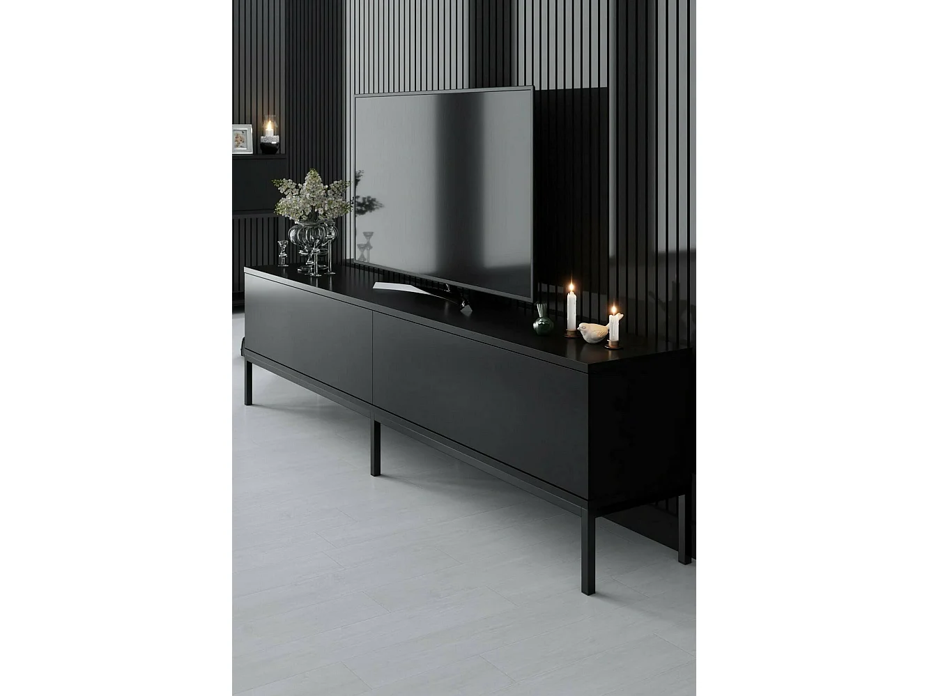 Meuble TV Regulus, Buffet de salon, Armoire basse pour TV, Base murale de rangement, 180x30h47 cm, Noir