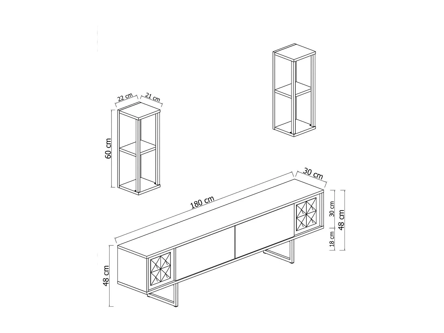 Meuble TV Ananke, Buffet de salon, Armoire basse pour TV, Base murale de rangement, 180x30h48 cm, Blanc et Noir