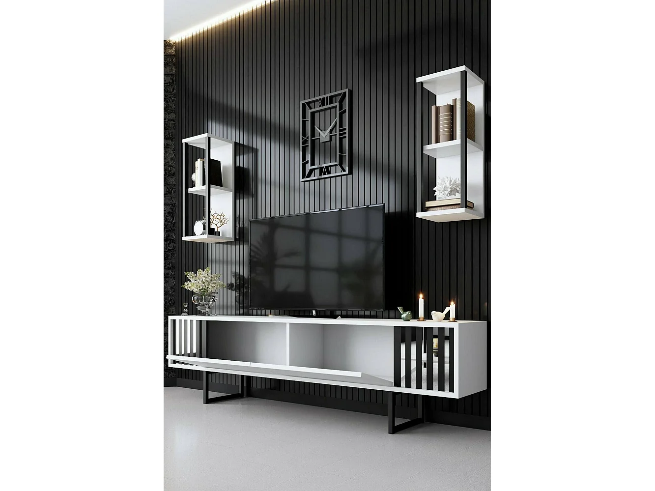 Meuble TV Ananke, Buffet de salon, Armoire basse pour TV, Base murale de rangement, 180x30h48 cm, Blanc et Noir