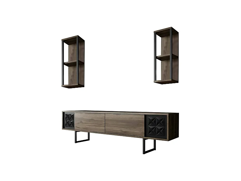 Meuble TV Kaus, Buffet de salon, Armoire basse pour TV, Base murale de rangement, 180x30h48 cm, Noyer et Noir