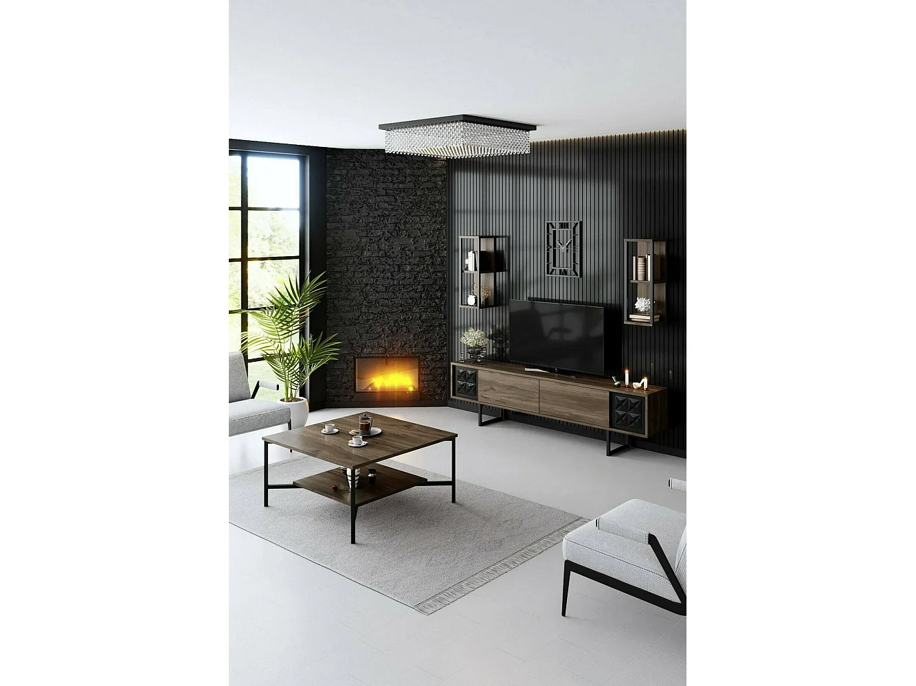 Meuble TV Kaus, Buffet de salon, Armoire basse pour TV, Base murale de rangement, 180x30h48 cm, Noyer et Noir