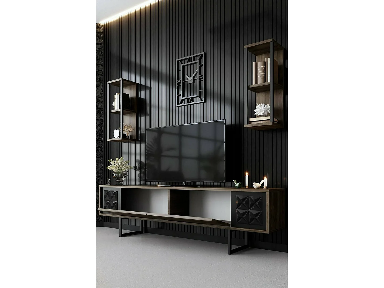 Meuble TV Kaus, Buffet de salon, Armoire basse pour TV, Base murale de rangement, 180x30h48 cm, Noyer et Noir
