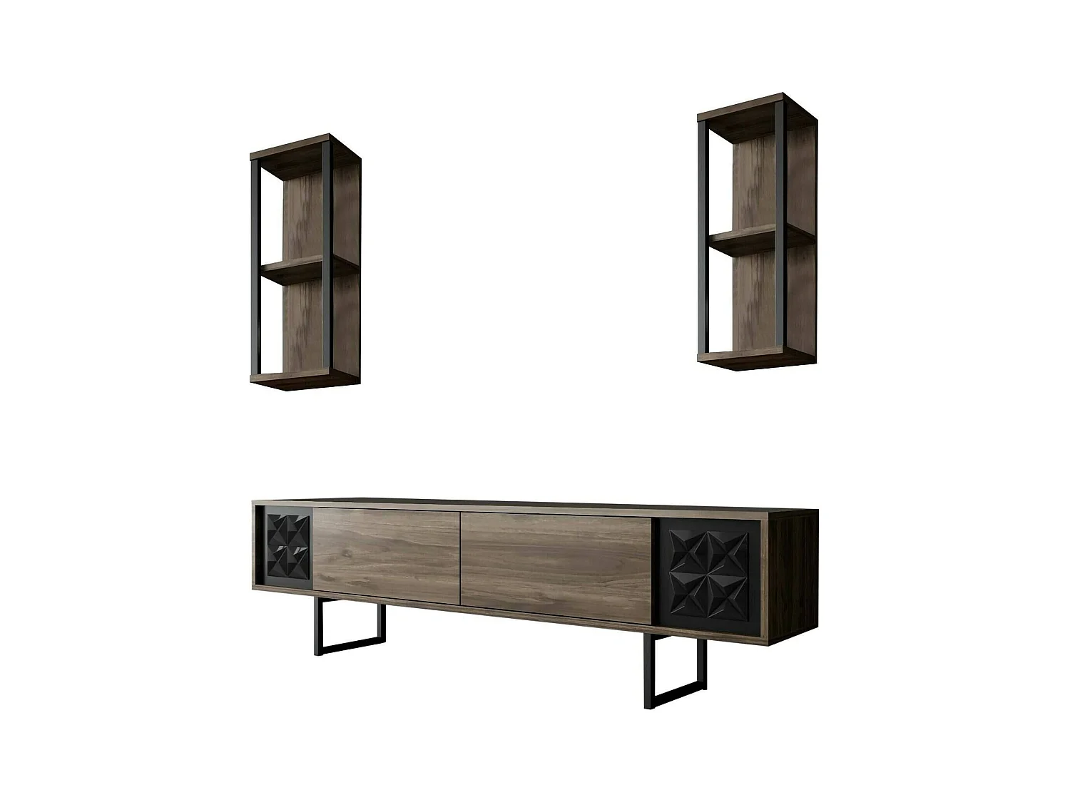 Meuble TV Kaus, Buffet de salon, Armoire basse pour TV, Base murale de rangement, 180x30h48 cm, Noyer et Noir