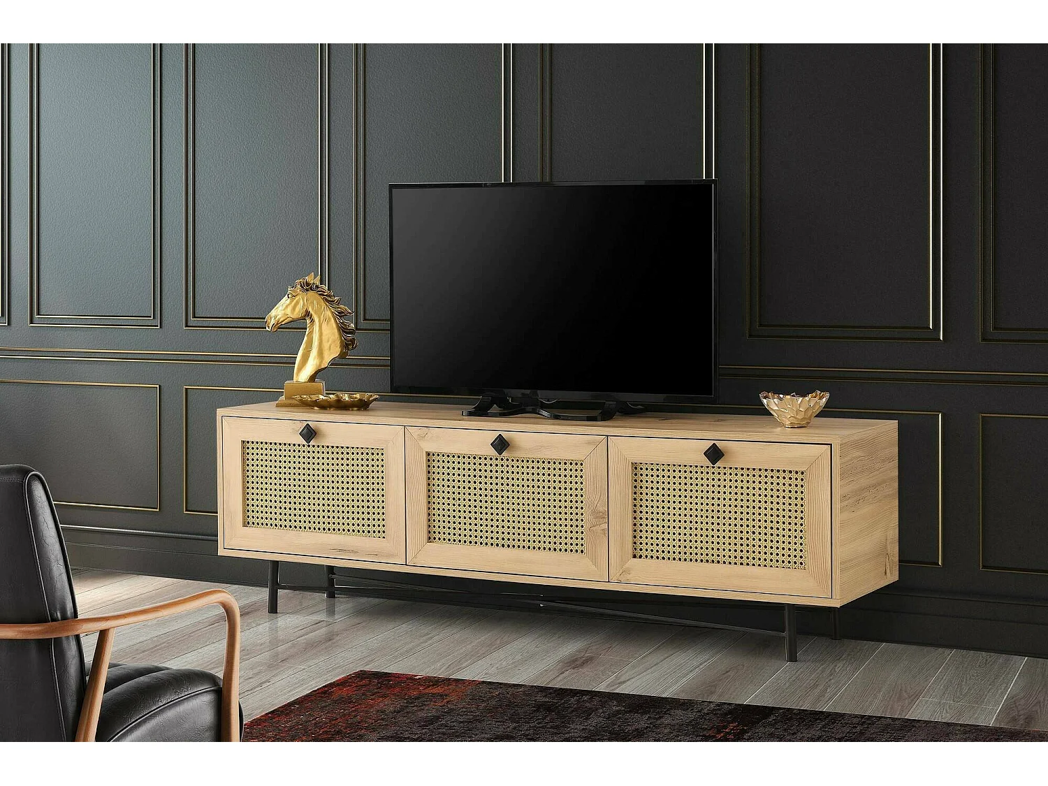 Meuble TV Nihal, Buffet de salon, Armoire basse pour TV, Base murale de rangement, 180x40h60 cm, Chêne et Noir