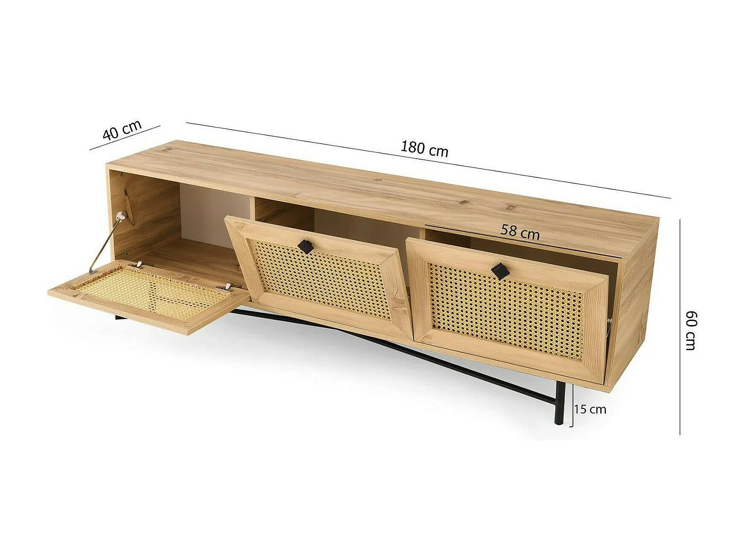 Meuble TV Nihal, Buffet de salon, Armoire basse pour TV, Base murale de rangement, 180x40h60 cm, Chêne et Noir