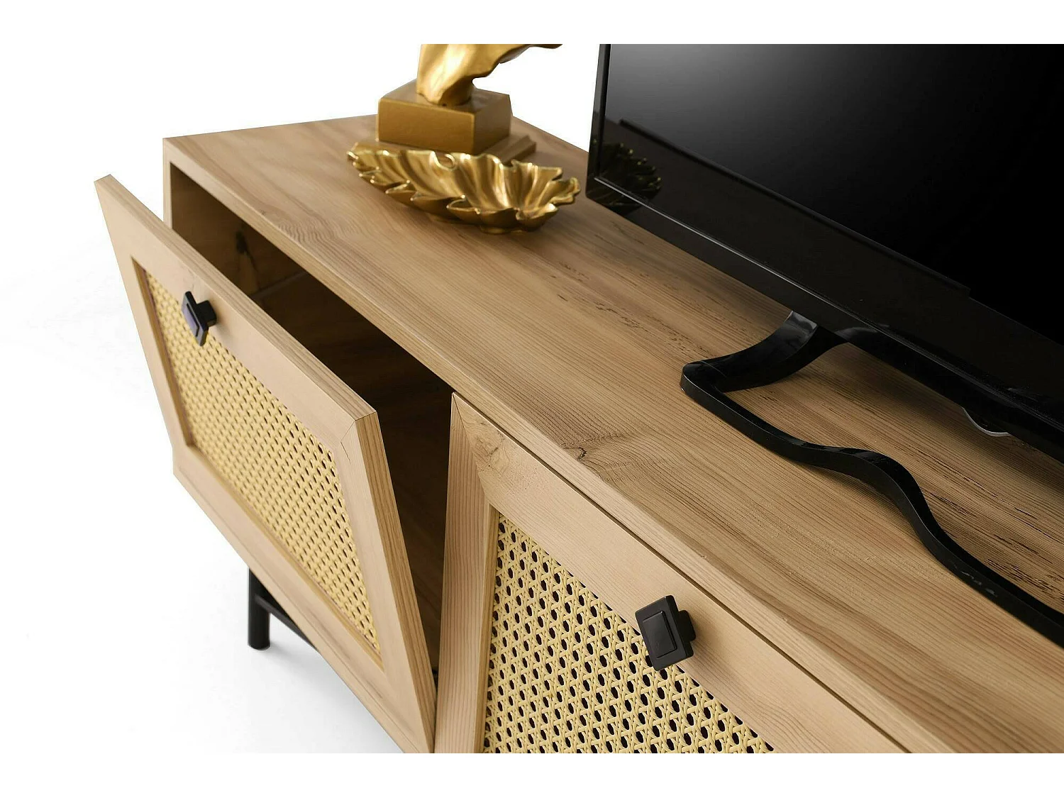 Meuble TV Nihal, Buffet de salon, Armoire basse pour TV, Base murale de rangement, 180x40h60 cm, Chêne et Noir