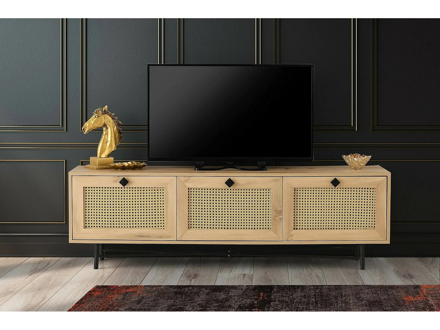 MóvelPorta de TV Dpasinat, Aparador de sala, Armário de TV baixo, Base de parede equipada, 180x40h60 cm, Carvalho e Preto