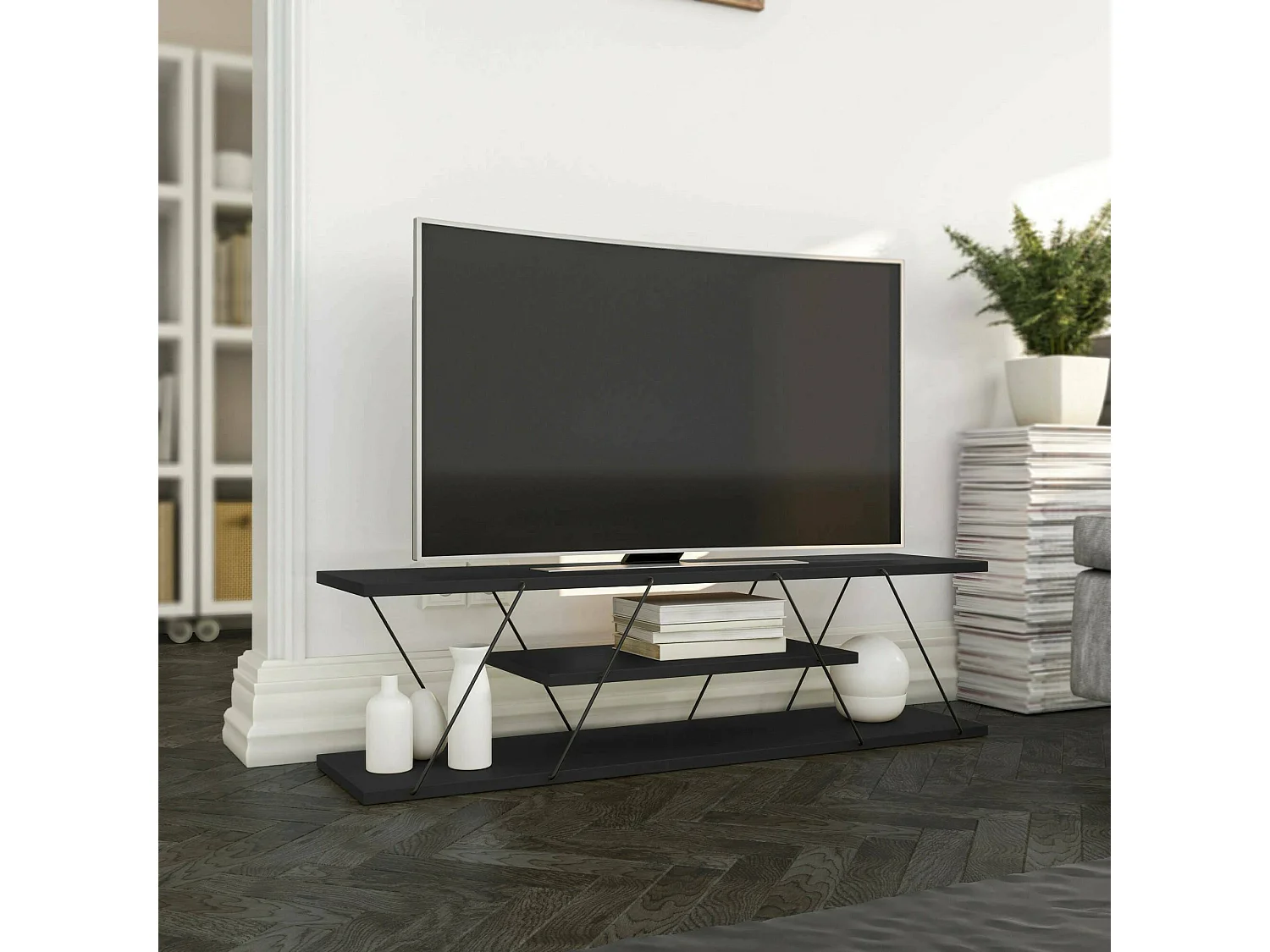 Fernsehschrank Dmustaph, Ständer für Wohnzimmerfernseher, Niedriges Wohnzimmer-Sideboard, TV-Ständerbasis, 120x30h33 cm, Anthrazit und Grau