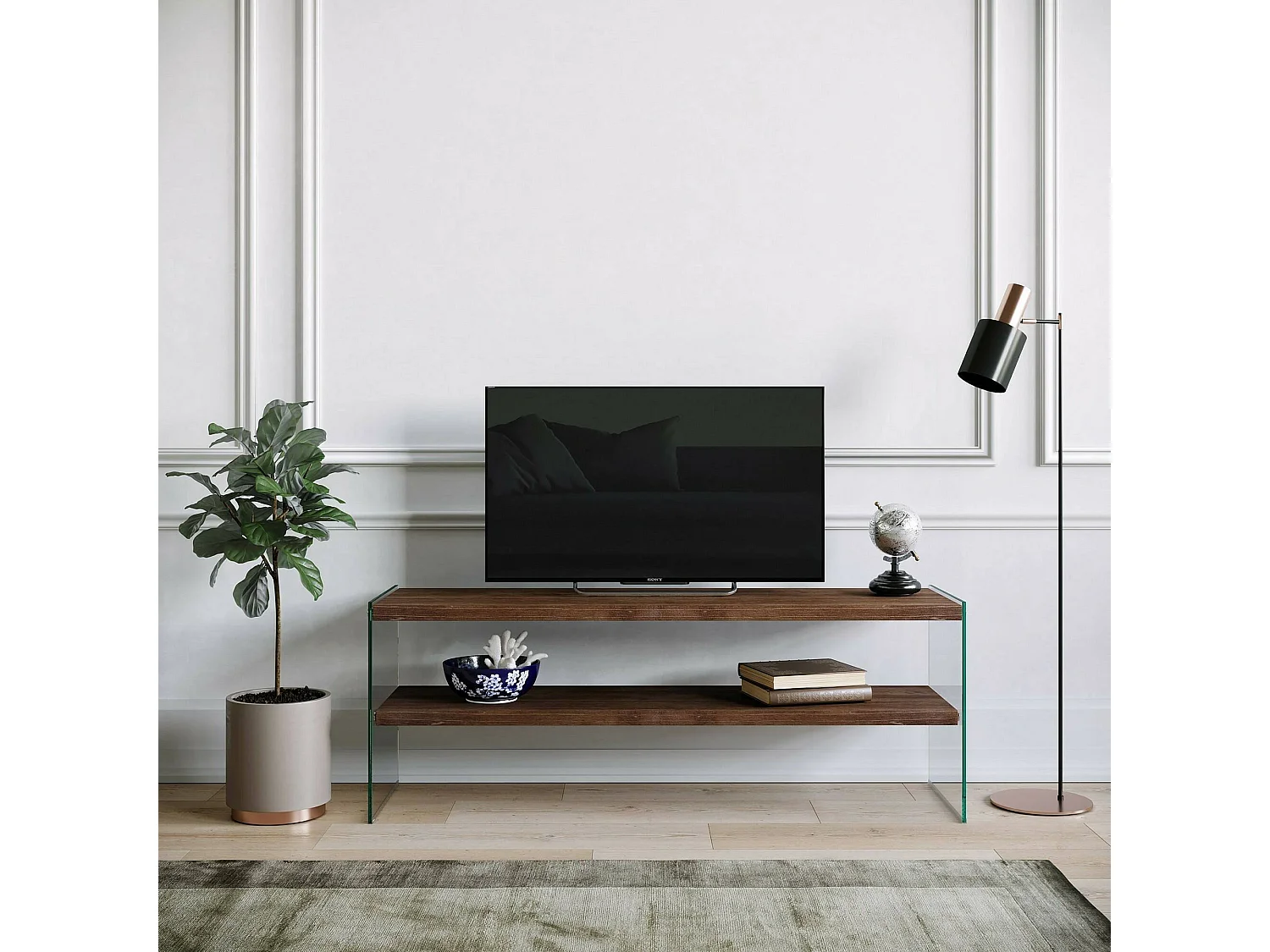 Meuble TV Sargas, Buffet de salon, Armoire basse pour TV, Base murale de rangement, 120x35h45 cm, Noyer Foncé
