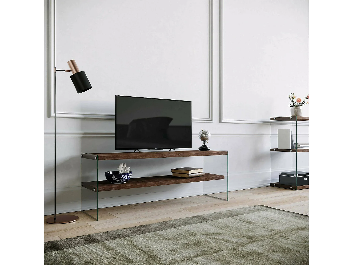 Suporte de TV Dpianc, Aparador de sala, Armário de TV baixo, Base de parede equipada, 120x35h45 cm, Nogueira escura