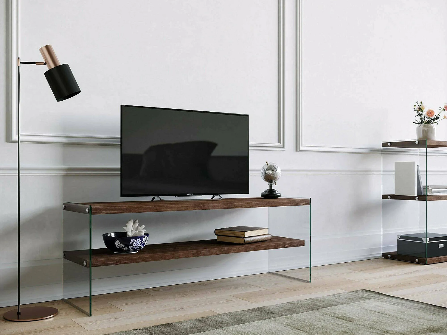 Suporte de TV Dpianc, Aparador de sala, Armário de TV baixo, Base de parede equipada, 120x35h45 cm, Nogueira escura