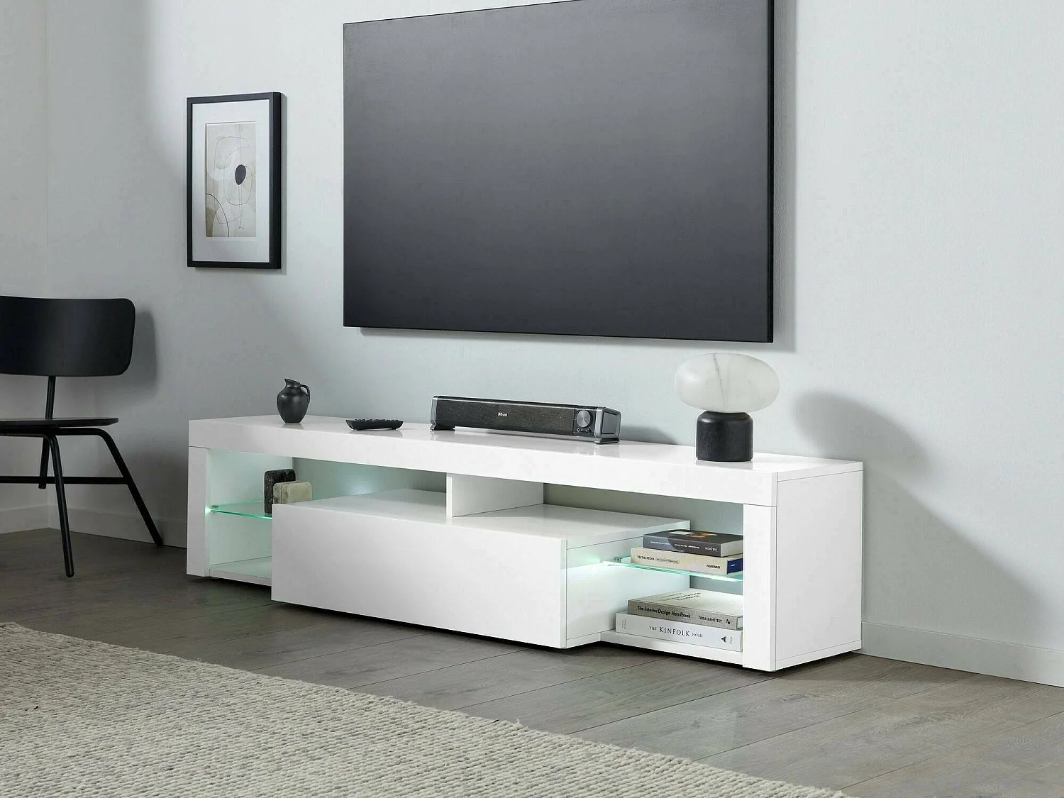 Armário de suporte de TV Dcompagno, Suporte de TV, Aparador baixo para sala de estar com 1 porta, 100% Made in Italy, 160x40h35 cm, Branco brilhante