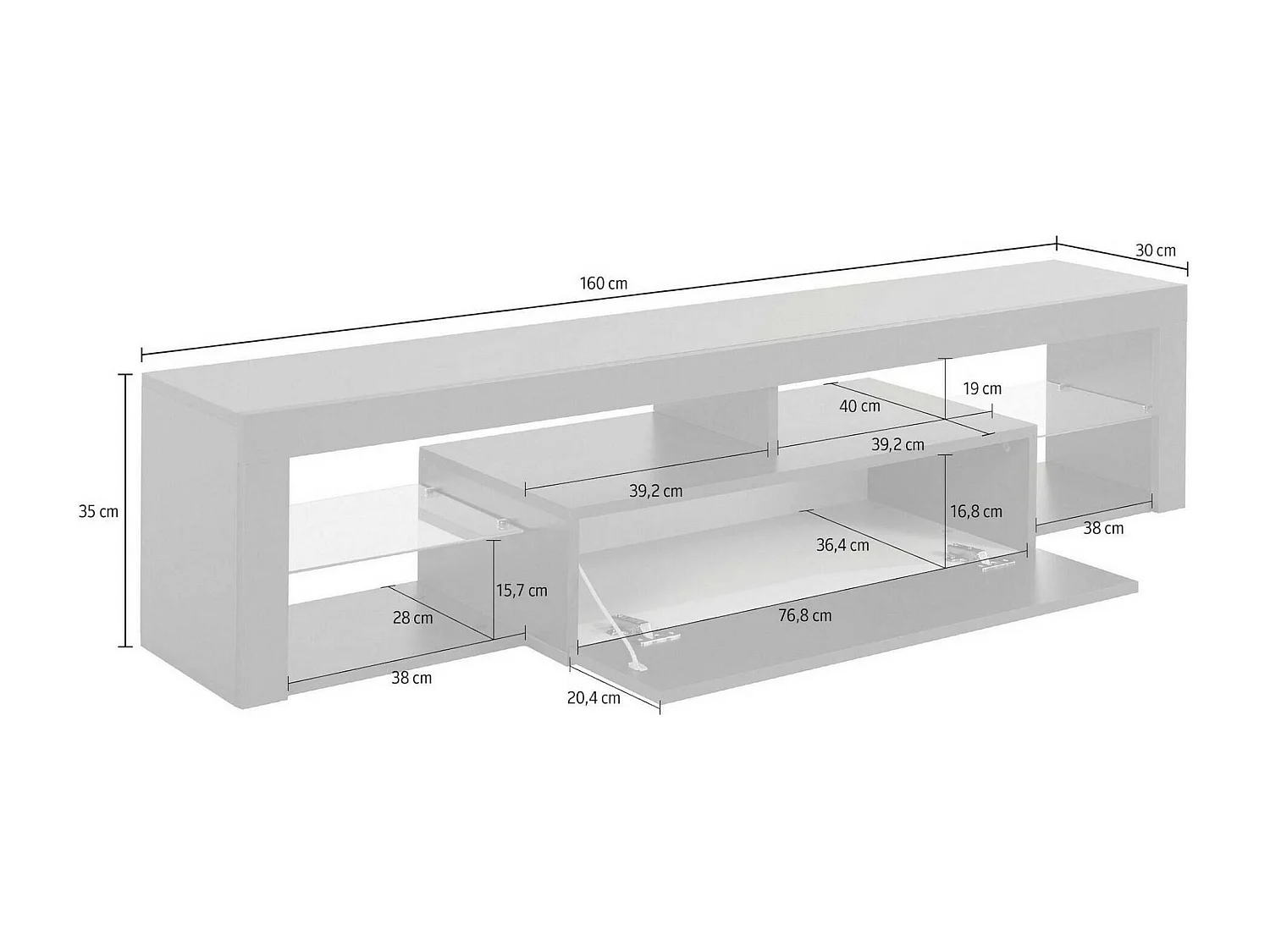 Armário de suporte de TV Dcompagno, Suporte de TV, Aparador baixo para sala de estar com 1 porta, 100% Made in Italy, 160x40h35 cm, Branco brilhante