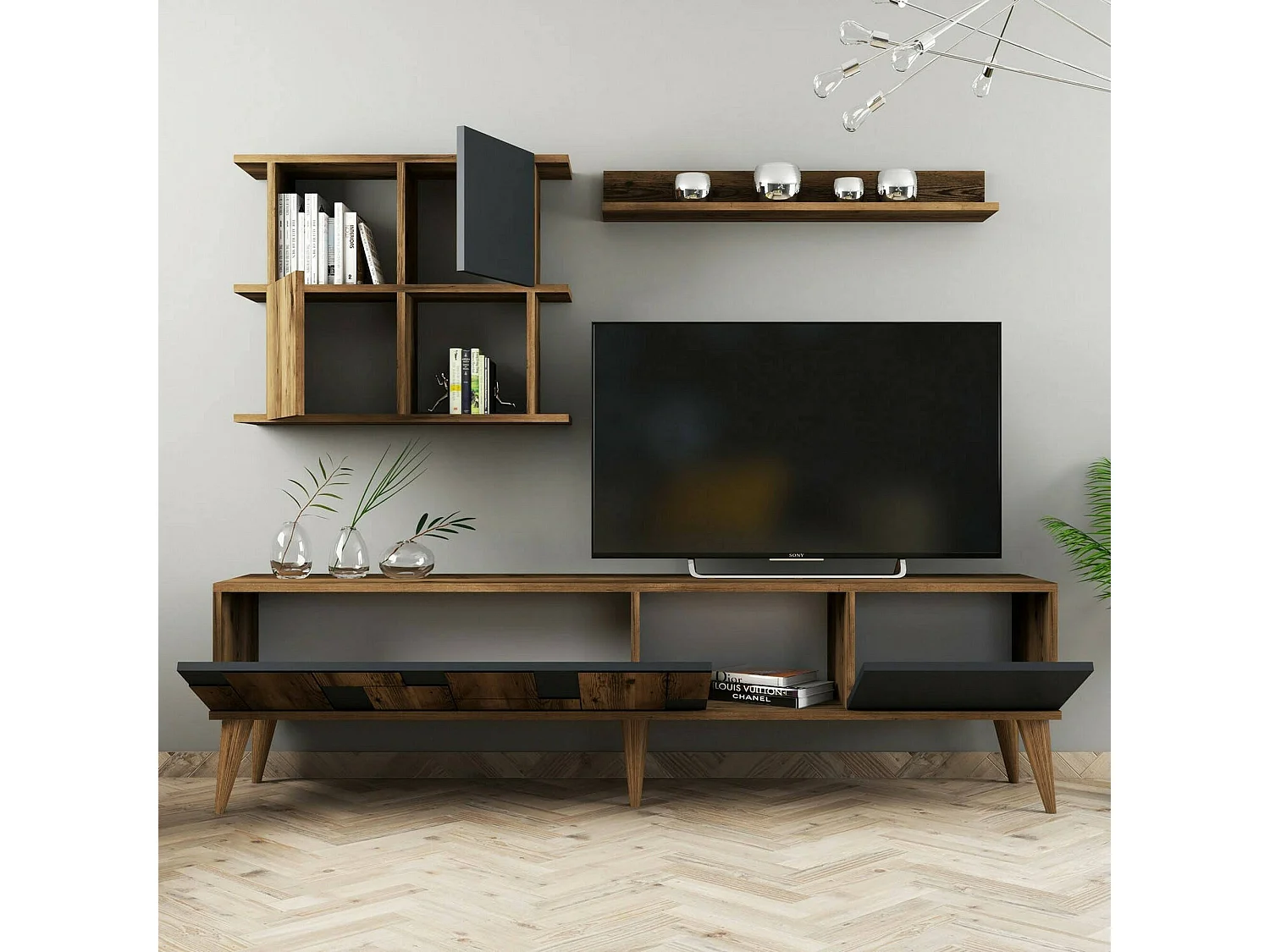 Docchiut tv-meubel, woonkamermeubel, lage tv-meubel, wandstandaard, 180x34h49 cm, walnoot en antraciet