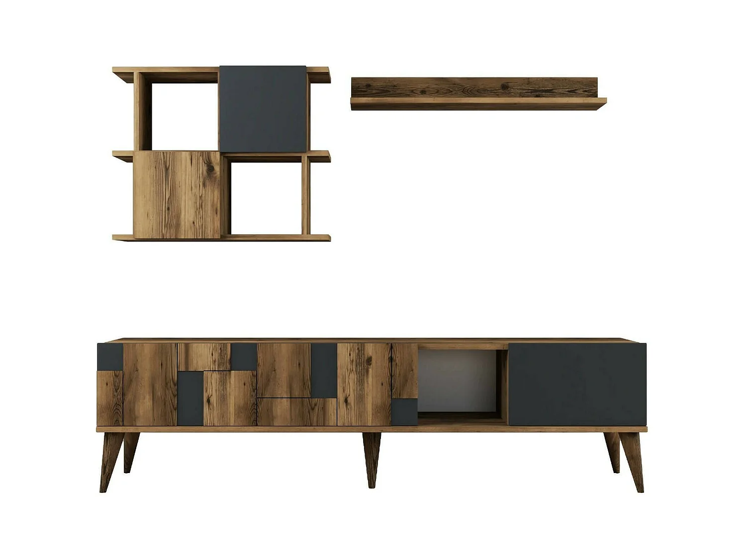 Meuble TV Menk, Buffet de salon, Armoire basse pour TV, Base murale de rangement, 180x34h49 cm, Noyer et Anthracite