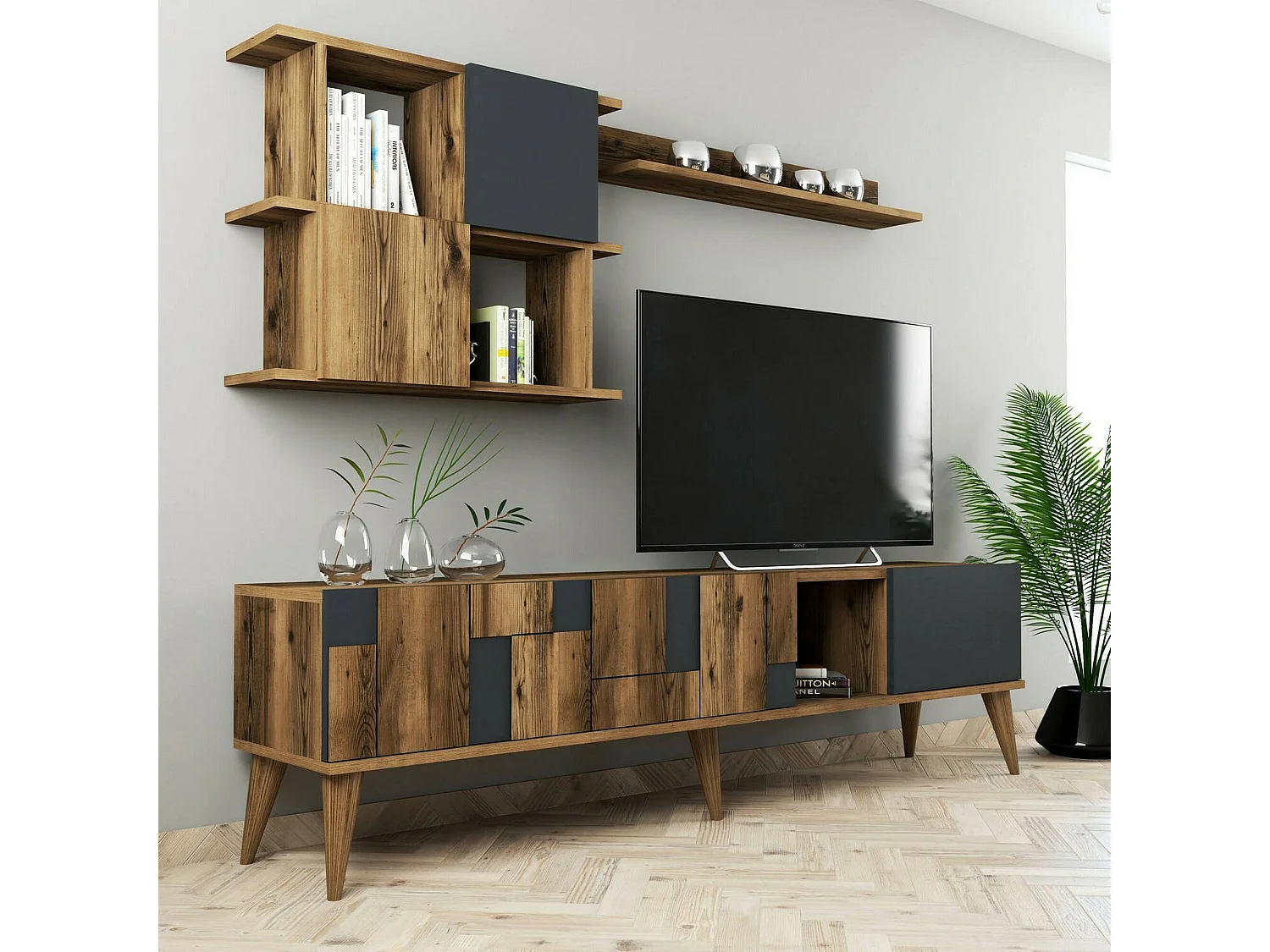 Mueble de televisión Docchiut, Aparador de salón, Mueble bajo para TV, Base de pared equipada, 180x34h49 cm, Nogal y Antracita