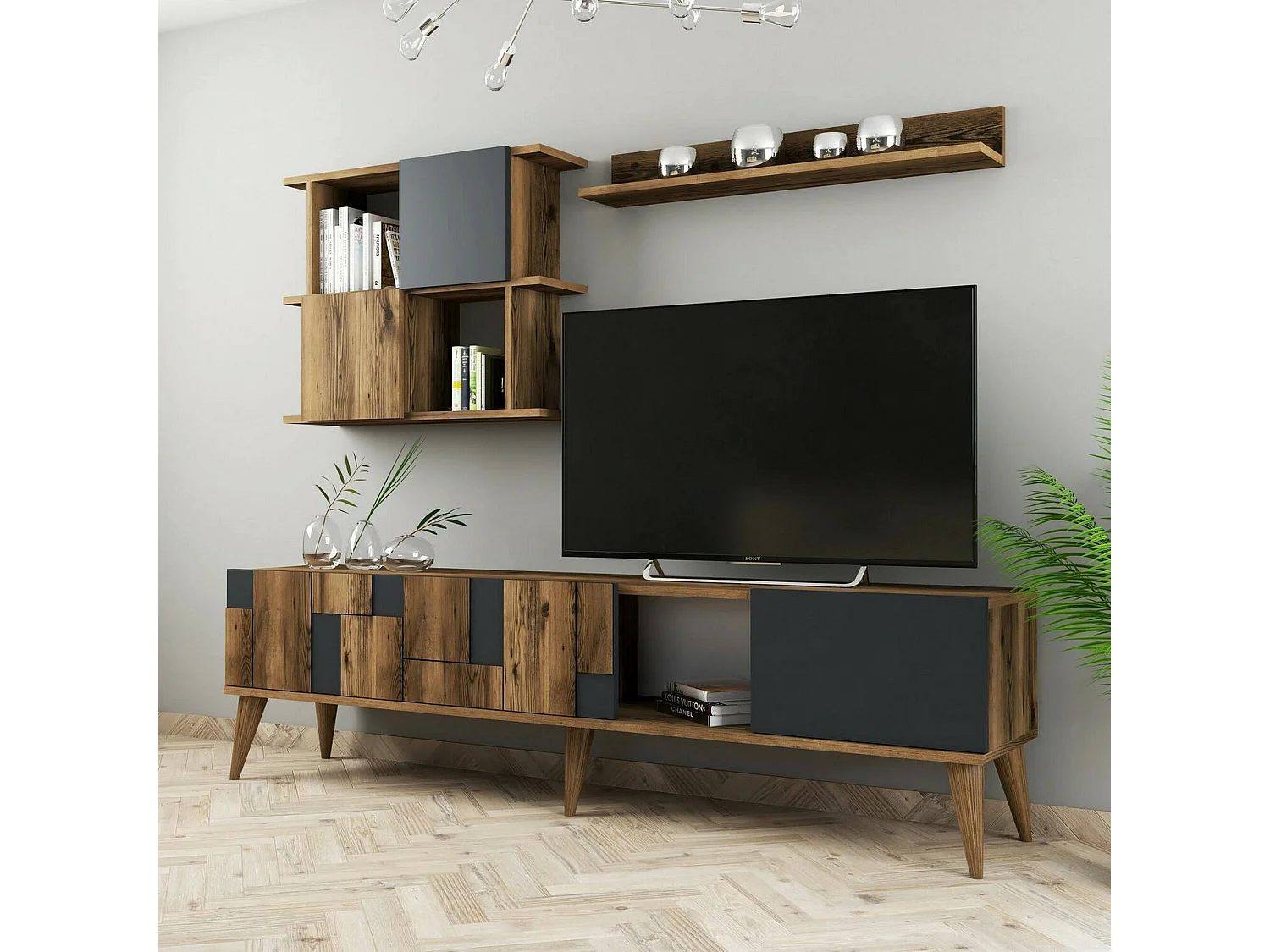 Meuble TV Menk, Buffet de salon, Armoire basse pour TV, Base murale de rangement, 180x34h49 cm, Noyer et Anthracite