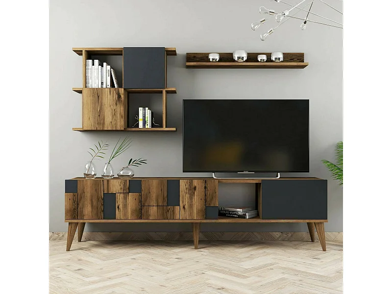 Dmora - Mobile porta TV Dora, 180x34h49 cm, Noce e Antracite