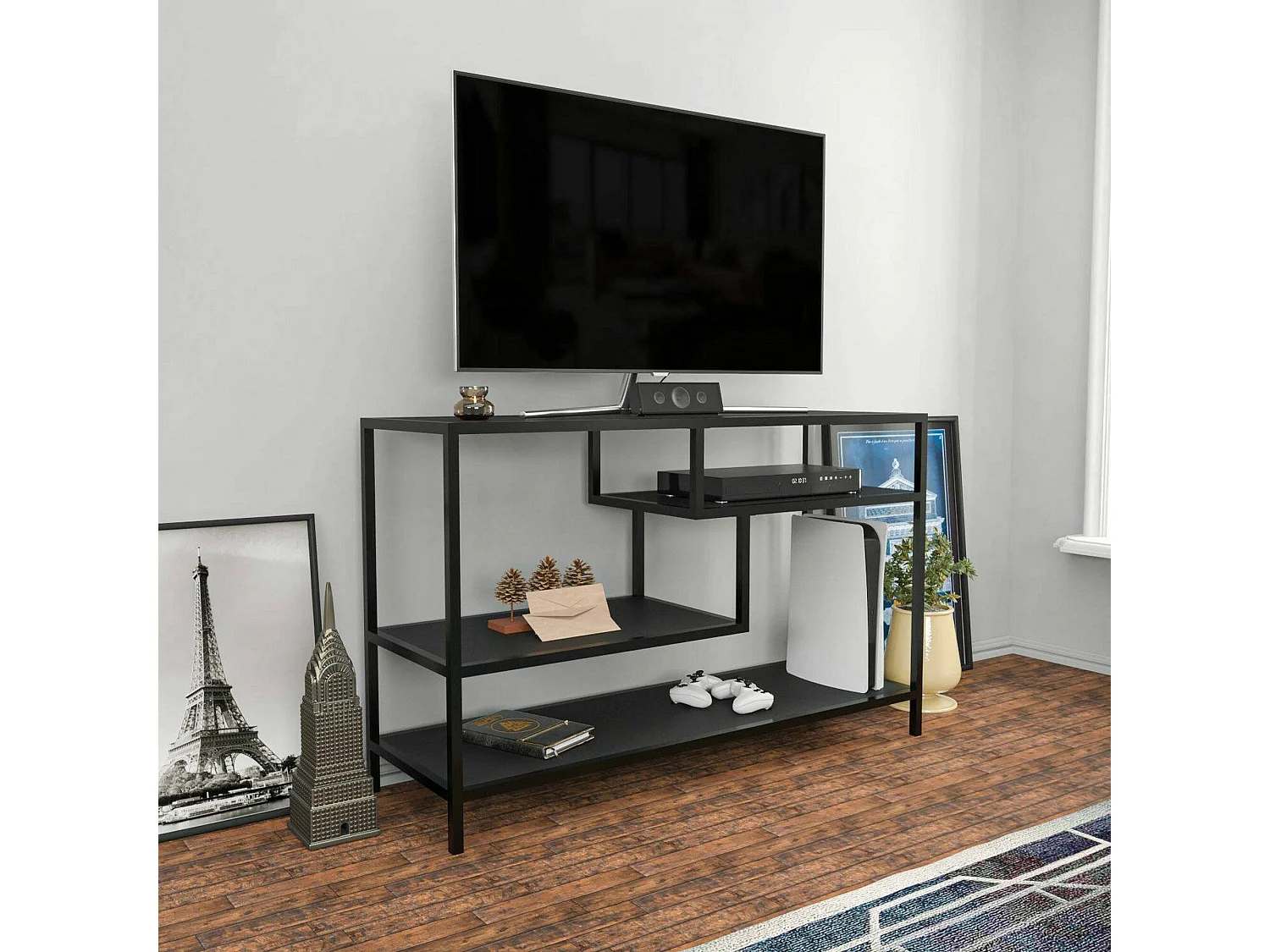 Fernsehschrank Dplizzar, Ständer für Wohnzimmerfernseher, Niedriges Wohnzimmer-Sideboard, TV-Ständerbasis, 120x39h75 cm, Anthrazit und Schwarz
