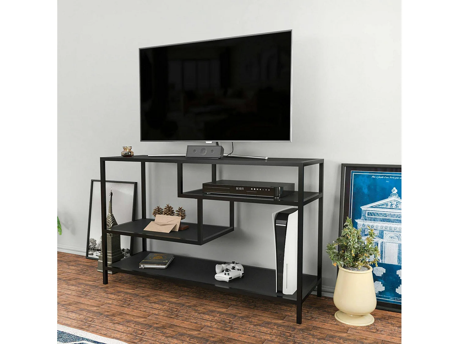 Fernsehschrank Dplizzar, Ständer für Wohnzimmerfernseher, Niedriges Wohnzimmer-Sideboard, TV-Ständerbasis, 120x39h75 cm, Anthrazit und Schwarz
