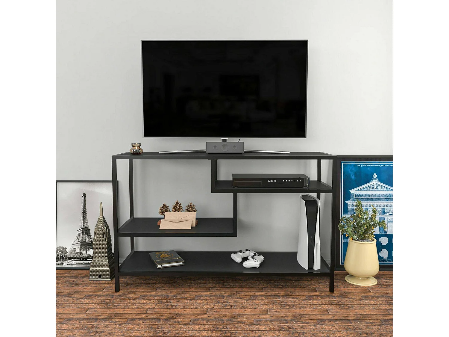 Fernsehschrank Dplizzar, Ständer für Wohnzimmerfernseher, Niedriges Wohnzimmer-Sideboard, TV-Ständerbasis, 120x39h75 cm, Anthrazit und Schwarz
