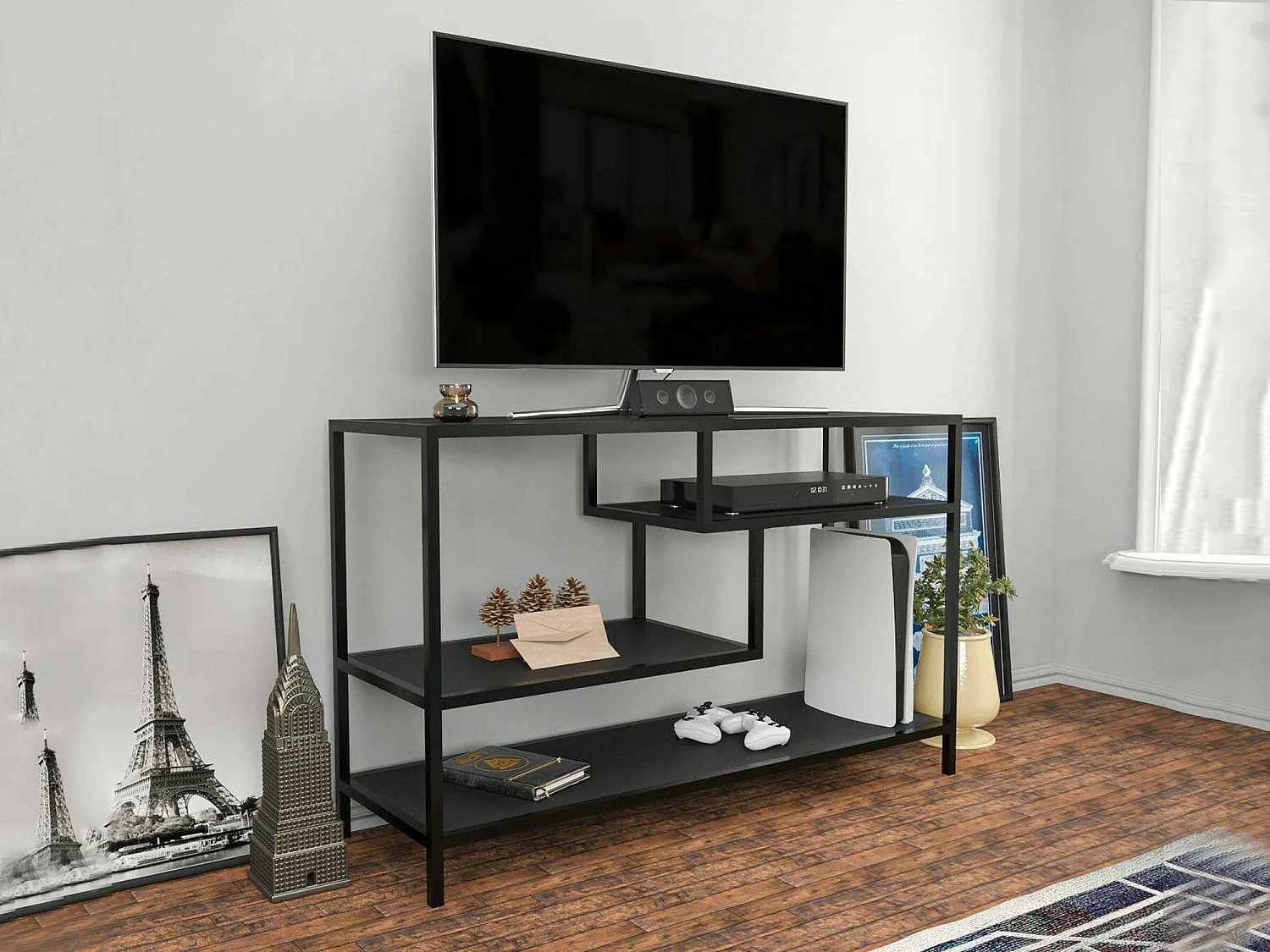 Armário de TV Dplizzar, Aparador de sala, Armário de TV baixo, Base de parede equipada, 120x39h75 cm, Antracite e Preto