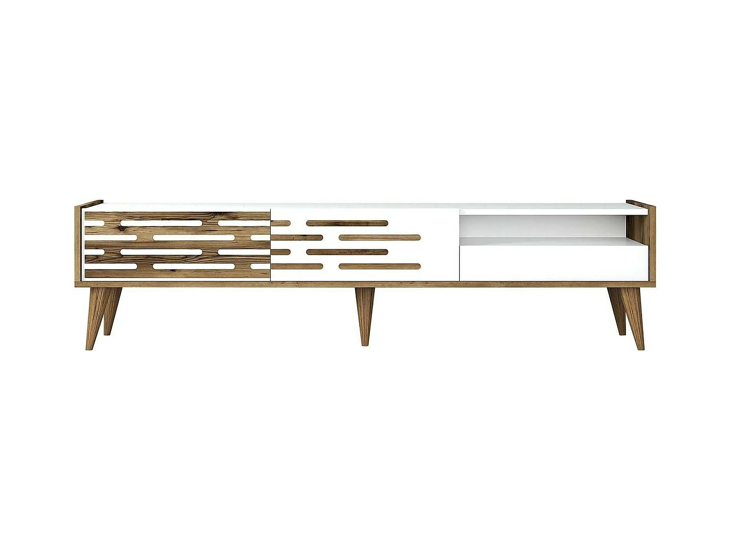 Meuble TV Alnilam, Buffet de salon, Armoire basse pour TV, Base murale de rangement, 180x45h35 cm, Blanc et Noyer