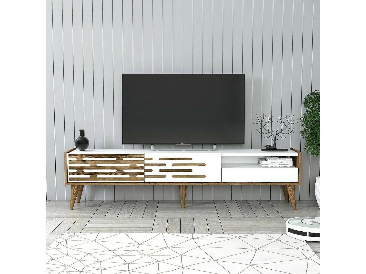 Meuble TV Alnilam, Buffet de salon, Armoire basse pour TV, Base murale de rangement, 180x45h35 cm, Blanc et Noyer