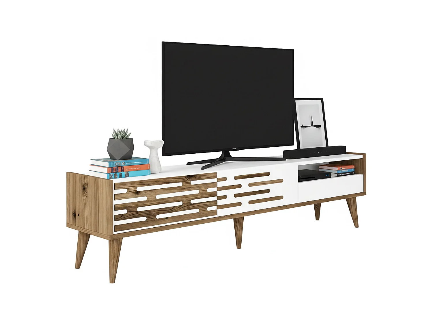 Meuble TV Alnilam, Buffet de salon, Armoire basse pour TV, Base murale de rangement, 180x45h35 cm, Blanc et Noyer