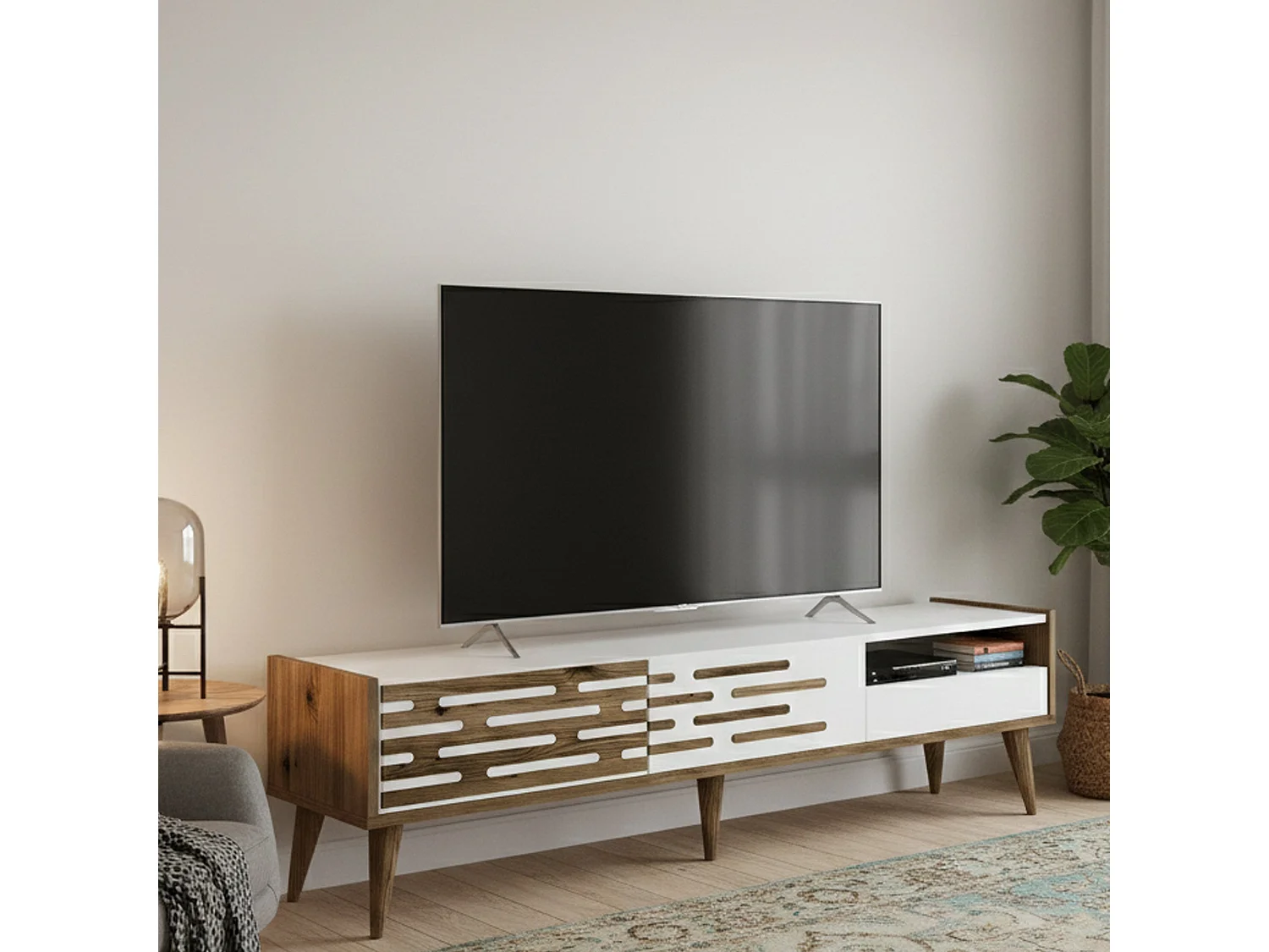 Meuble TV Alnilam, Buffet de salon, Armoire basse pour TV, Base murale de rangement, 180x45h35 cm, Blanc et Noyer