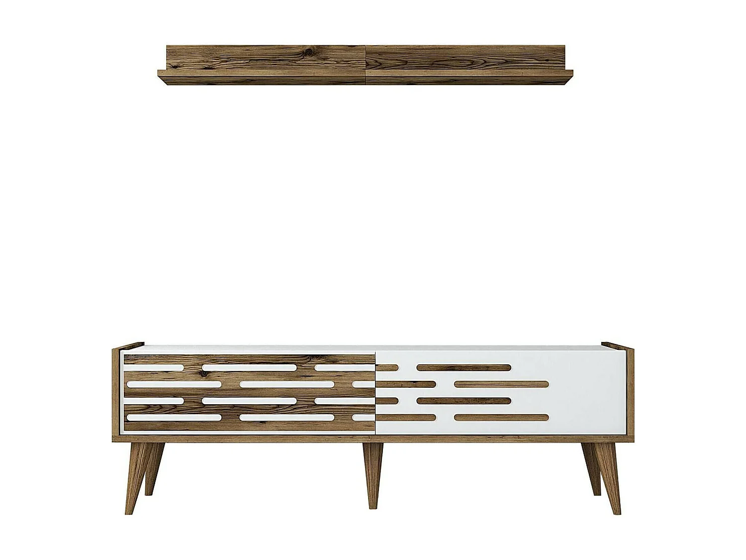 Daanesta TV deurkast, Woonkamer dressoir, Lage TV kast, Ingebouwde wandvoet, 140x45h35 cm, Walnoot en Wit