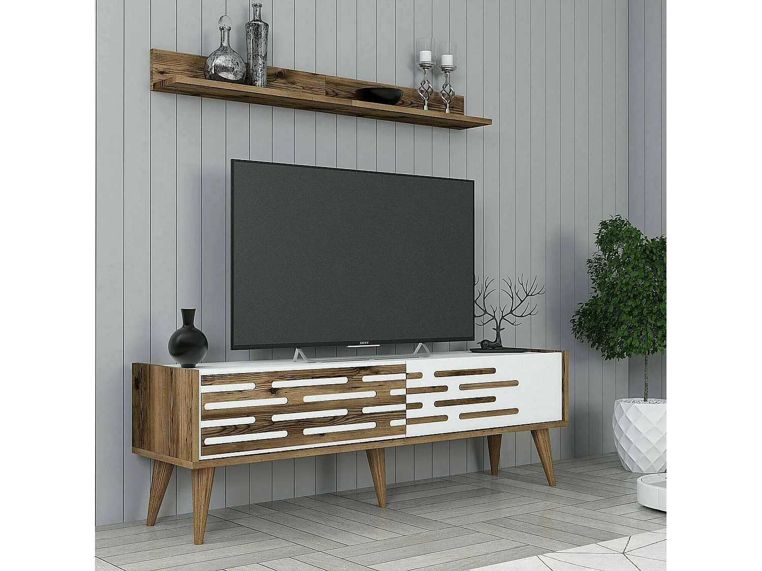 Meuble TV Achernar, Buffet de salon, Armoire basse pour TV, Base murale de rangement, 140x45h35 cm, Noyer et Blanc