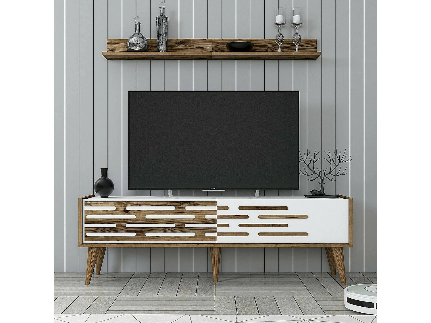 Meuble TV Achernar, Buffet de salon, Armoire basse pour TV, Base murale de rangement, 140x45h35 cm, Noyer et Blanc