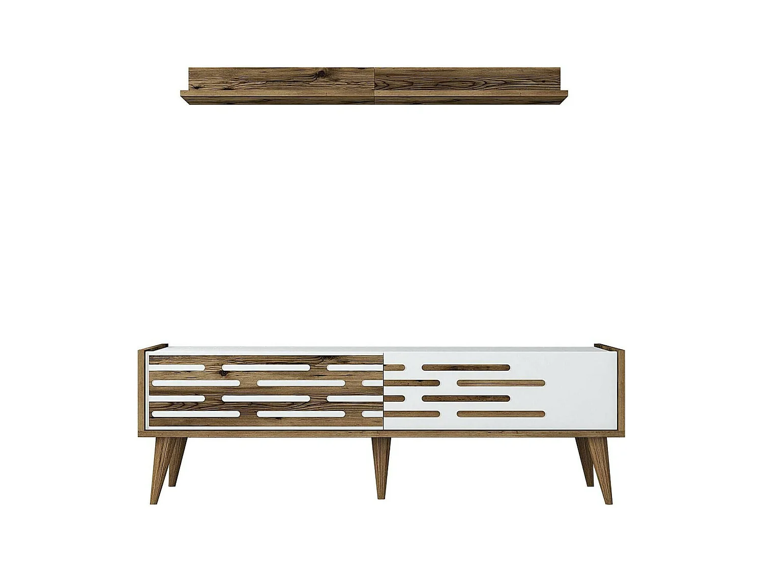 Meuble TV Achernar, Buffet de salon, Armoire basse pour TV, Base murale de rangement, 140x45h35 cm, Noyer et Blanc
