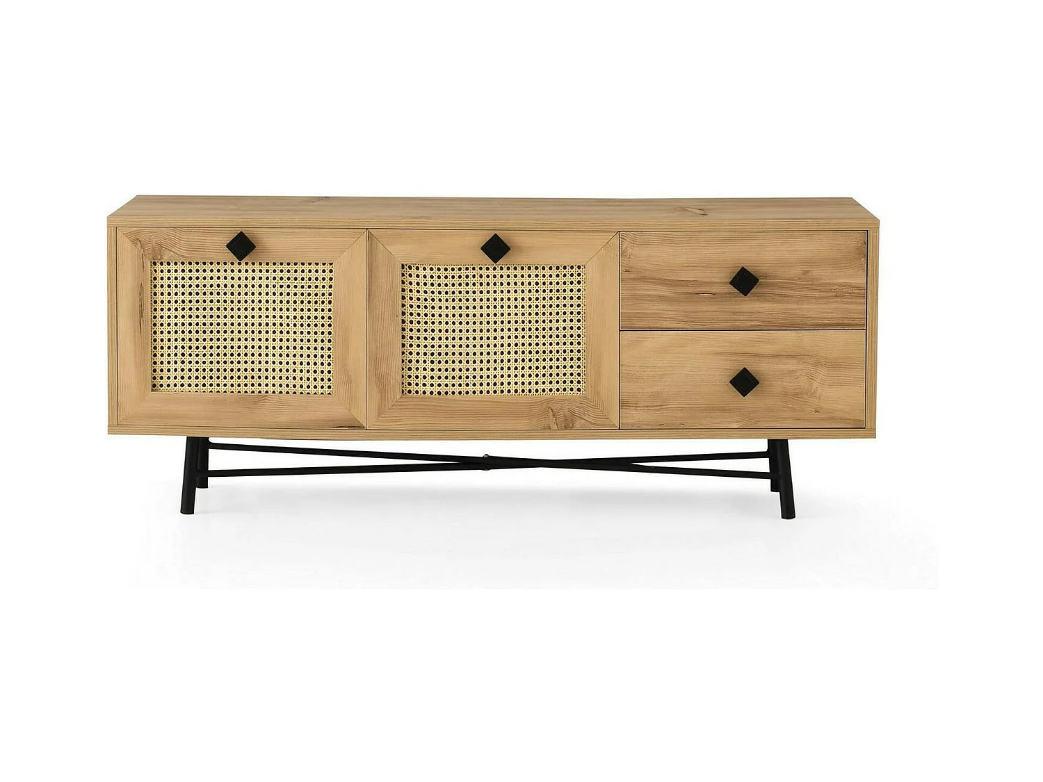 Meuble TV Hebe, Buffet de salon, Armoire basse pour TV, Base murale de rangement, 140x40h60 cm, Chêne et Noir
