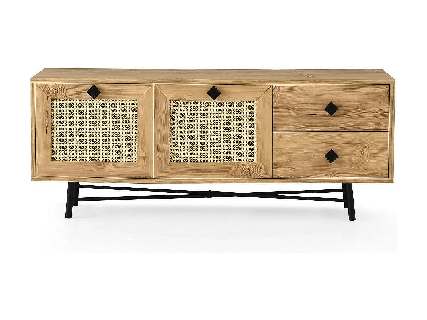 Meuble TV Hebe, Buffet de salon, Armoire basse pour TV, Base murale de rangement, 140x40h60 cm, Chêne et Noir