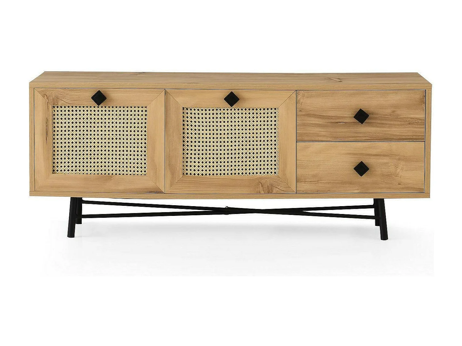 Meuble TV Hebe, Buffet de salon, Armoire basse pour TV, Base murale de rangement, 140x40h60 cm, Chêne et Noir