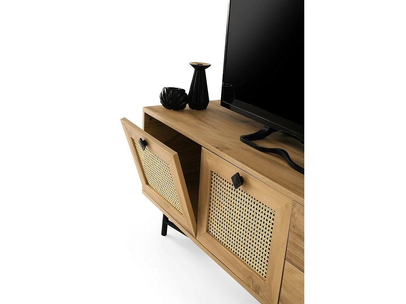Meuble TV Hebe, Buffet de salon, Armoire basse pour TV, Base murale de rangement, 140x40h60 cm, Chêne et Noir