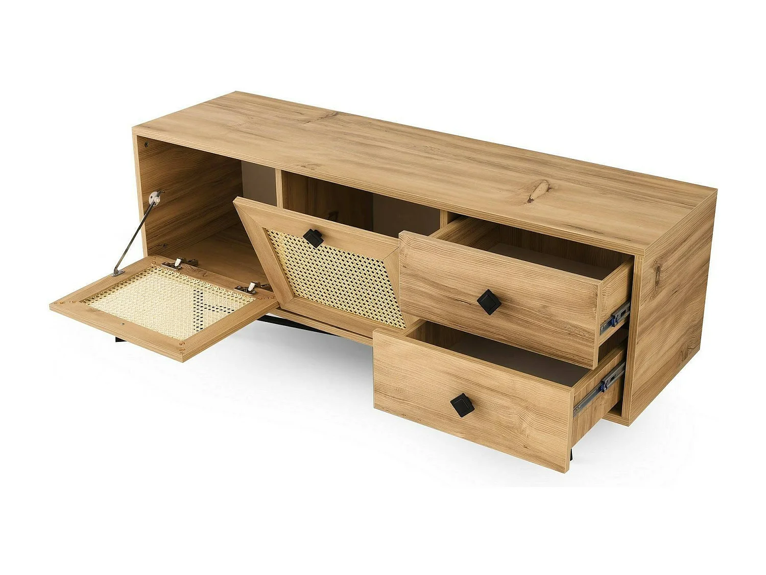 Meuble TV Hebe, Buffet de salon, Armoire basse pour TV, Base murale de rangement, 140x40h60 cm, Chêne et Noir