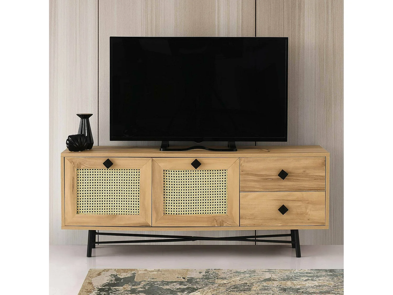 Meuble TV Hebe, Buffet de salon, Armoire basse pour TV, Base murale de rangement, 140x40h60 cm, Chêne et Noir