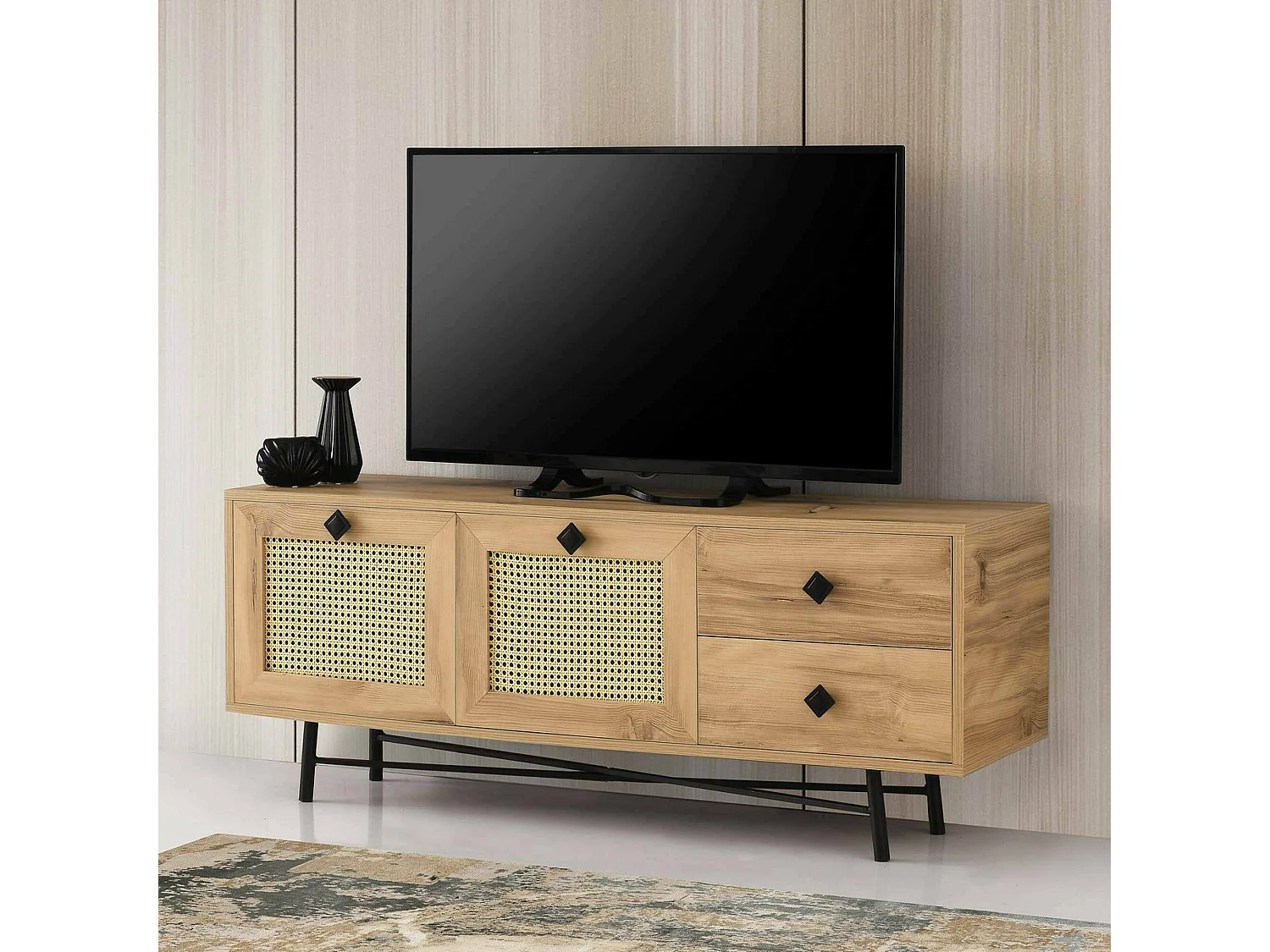 Armário de suporte de TV Dmarchin, Aparador de sala, Armário de TV baixo, Base de parede equipada, 140x40h60 cm, Carvalho e Preto