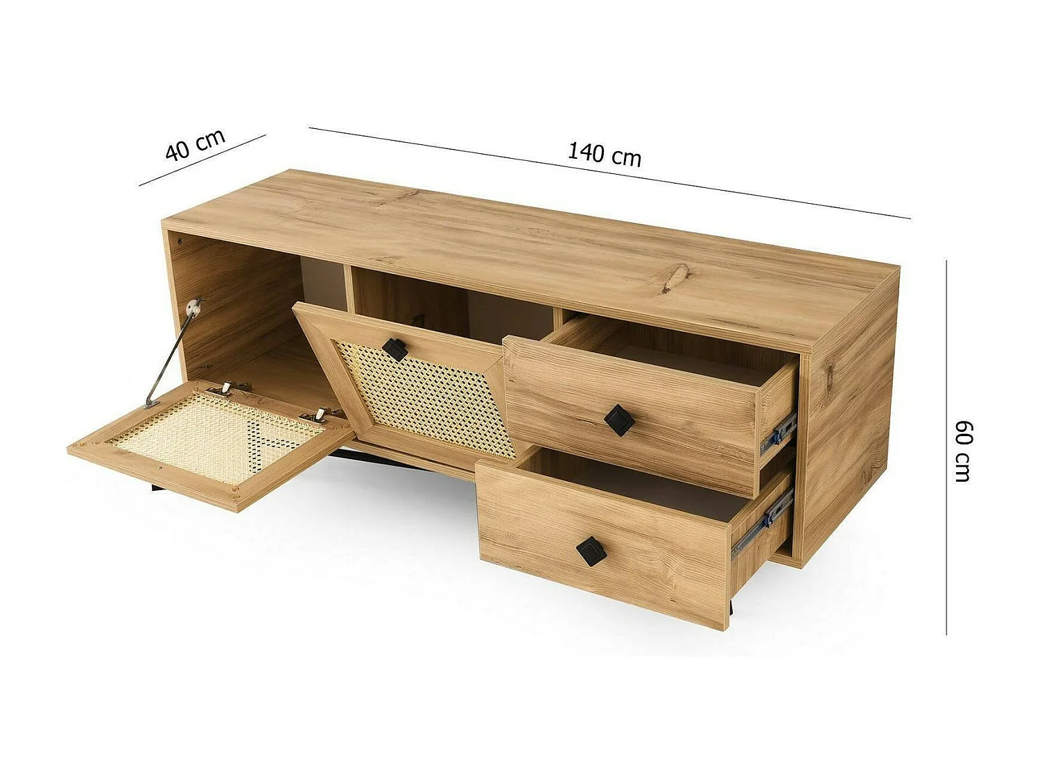 Armário de suporte de TV Dmarchin, Aparador de sala, Armário de TV baixo, Base de parede equipada, 140x40h60 cm, Carvalho e Preto