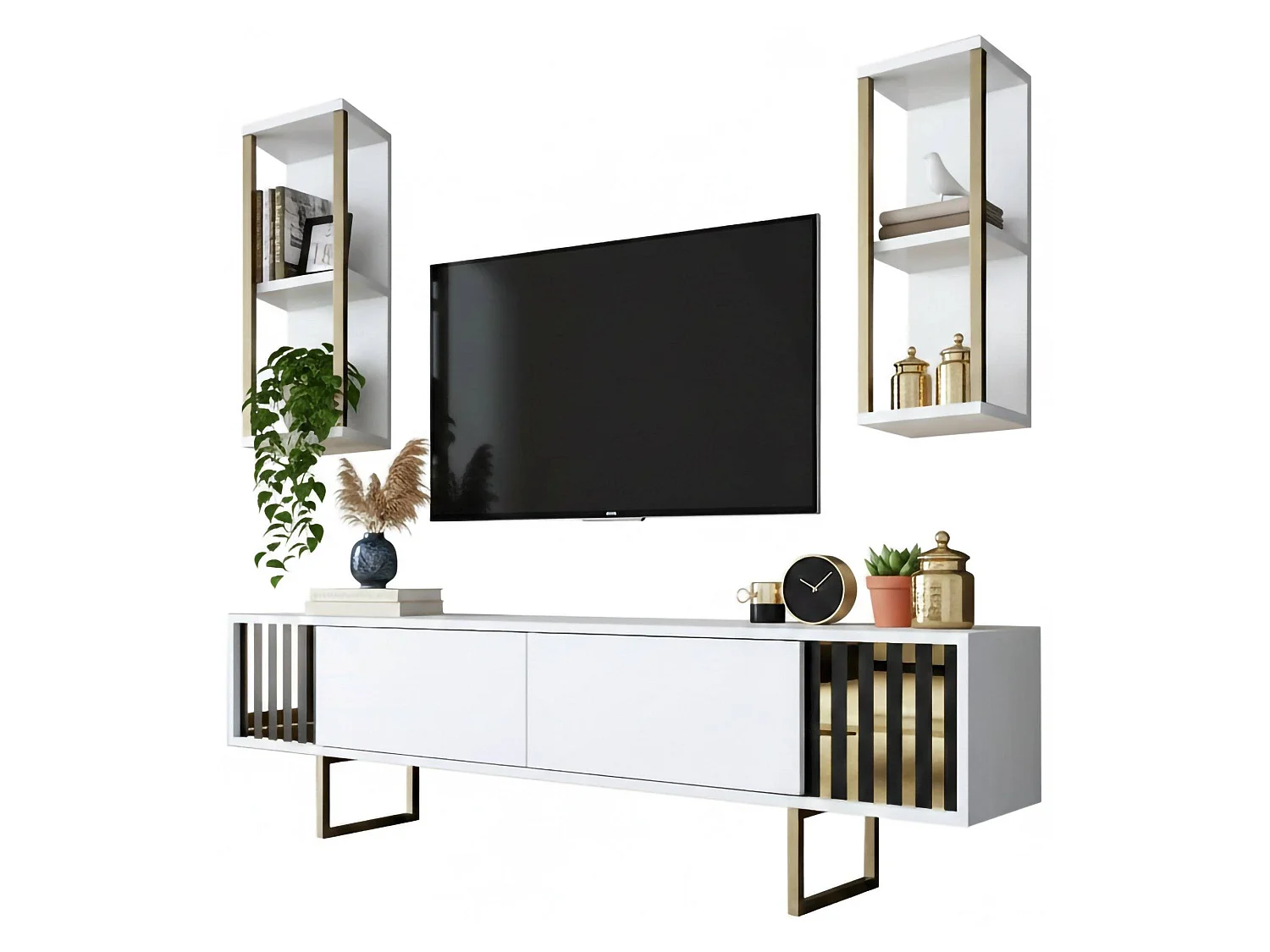 Meuble TV Eunomia, Buffet de salon, Armoire basse pour TV, Base murale de rangement, 180x30h48 cm, Blanc et Noir