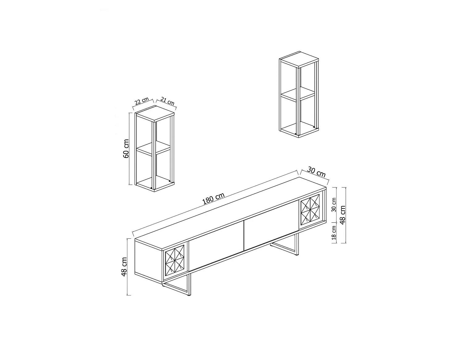 Meuble TV Eunomia, Buffet de salon, Armoire basse pour TV, Base murale de rangement, 180x30h48 cm, Blanc et Noir