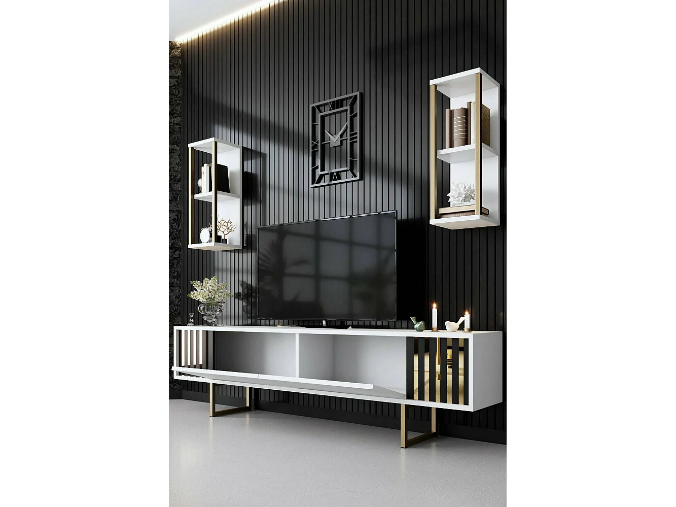 Meuble TV Eunomia, Buffet de salon, Armoire basse pour TV, Base murale de rangement, 180x30h48 cm, Blanc et Noir