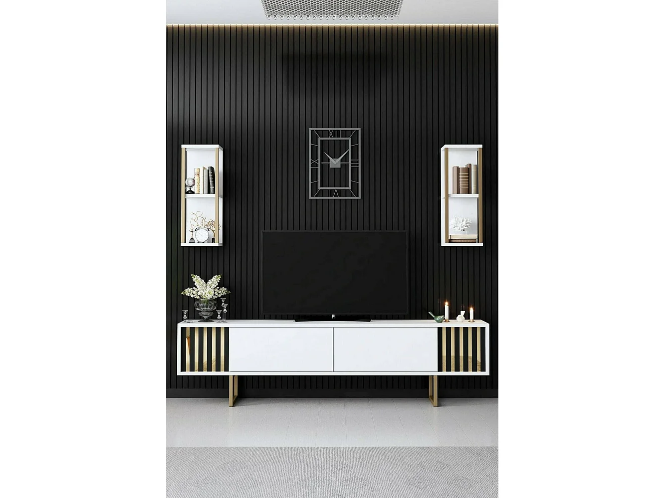 Meuble TV Eunomia, Buffet de salon, Armoire basse pour TV, Base murale de rangement, 180x30h48 cm, Blanc et Noir