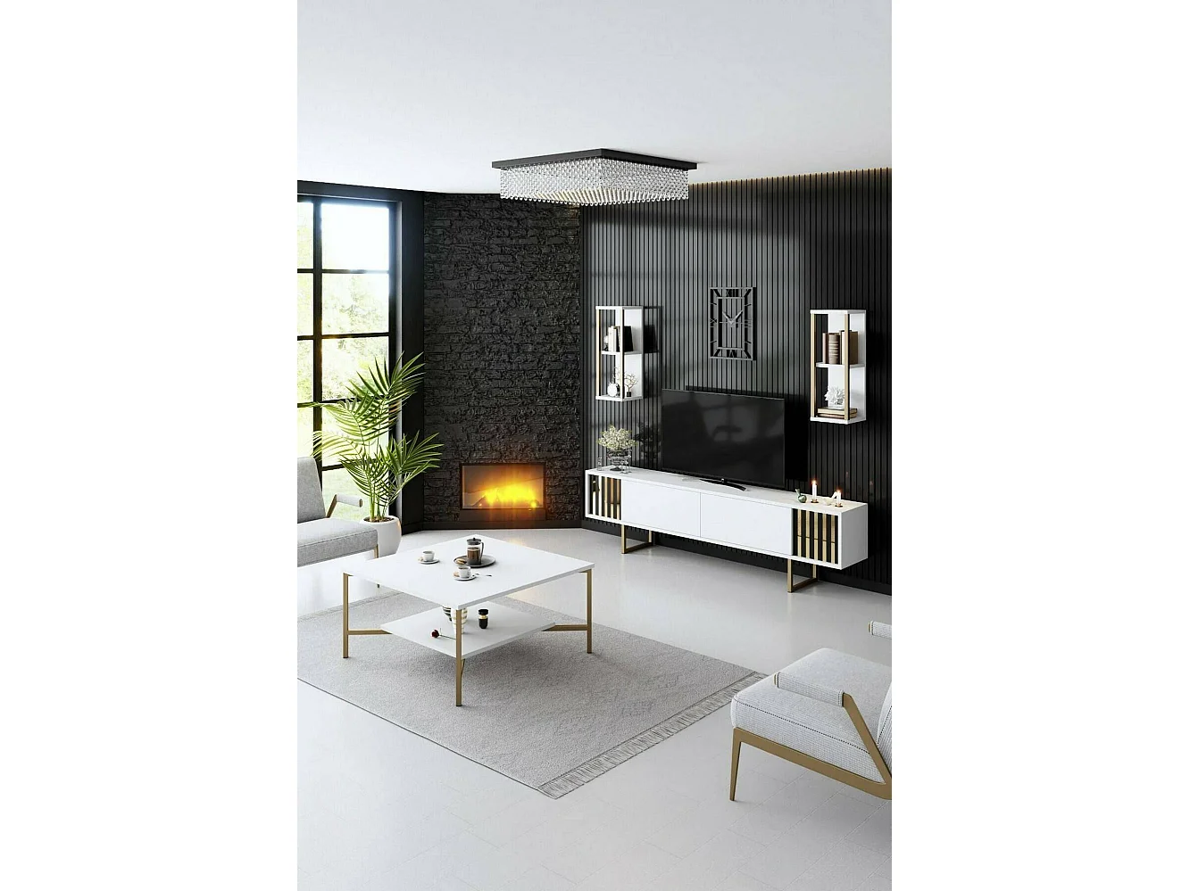 Meuble TV Eunomia, Buffet de salon, Armoire basse pour TV, Base murale de rangement, 180x30h48 cm, Blanc et Noir